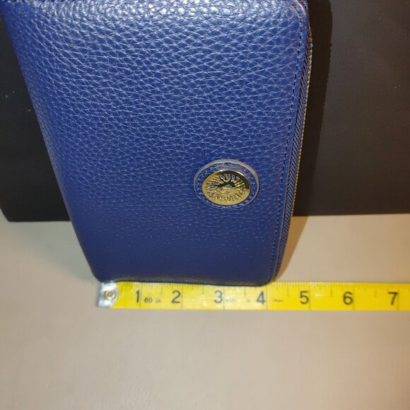 Anne Kline Blue Leather Zip Wallet Gold Lion Medallion Double Compartments - Picture 5 of 11